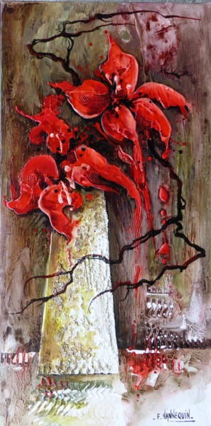 Painting titled "amaryllis-rouge-30-…" by Françoise Hannequin, Original Artwork, Oil