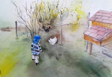 Schilderij getiteld "Jojo et la poule" door Françoise Pillou, Origineel Kunstwerk, Aquarel