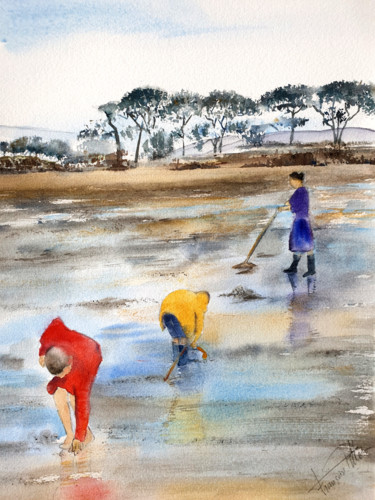 Painting titled "A la pêche..." by Françoise Pillou, Original Artwork, Watercolor