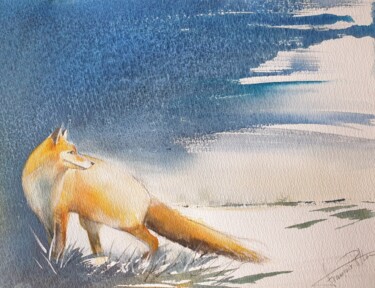 Peinture intitulée "renard aux aguets" par Françoise Pillou, Œuvre d'art originale, Aquarelle