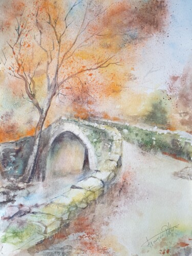 Painting titled "Sur le pont..." by Françoise Pillou, Original Artwork, Watercolor