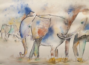 Картина под названием "Les elephants a ma…" - Françoise Pillou, Подлинное произведение искусства, Акварель