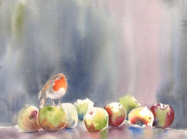 Pintura titulada "pommes tapis" por Françoise Pillou, Obra de arte original, Acuarela