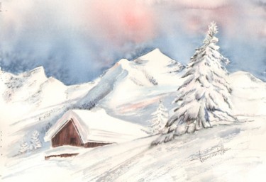 Картина под названием "chalet dans la neige" - Françoise Pillou, Подлинное произведение искусства, Акварель