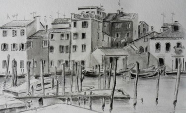 Рисунок под названием "le port de Venise" - Françoise Pillou, Подлинное произведение искусства, Чернила