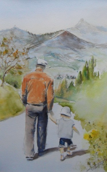 Painting titled "main dans la main" by Françoise Pillou, Original Artwork, Watercolor