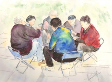 Painting titled "joueurs de cartes e…" by Françoise Pillou, Original Artwork, Watercolor