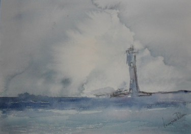 Painting titled "la vague sur le pha…" by Françoise Pillou, Original Artwork, Watercolor