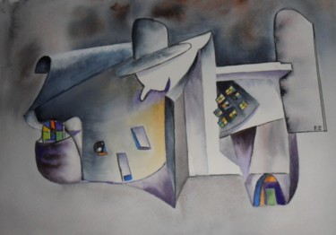 Painting titled "maison fantastique" by Françoise Pillou, Original Artwork, Watercolor