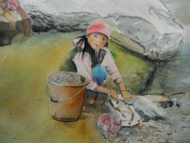 Peinture intitulée "petite lavandière a…" par Françoise Pillou, Œuvre d'art originale, Aquarelle