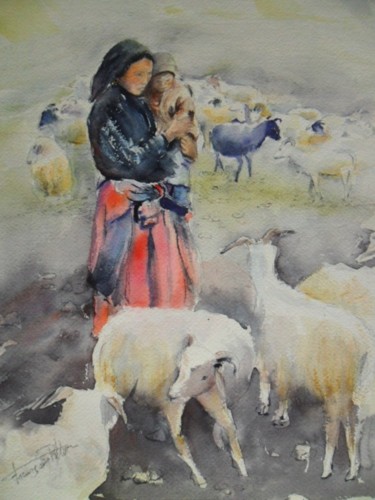 Peinture intitulée "Zanskar la bergère" par Françoise Pillou, Œuvre d'art originale, Aquarelle