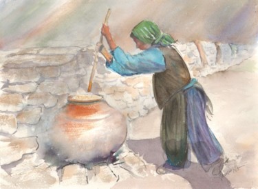 Peinture intitulée "ça mijote au Zanskar" par Françoise Pillou, Œuvre d'art originale, Aquarelle