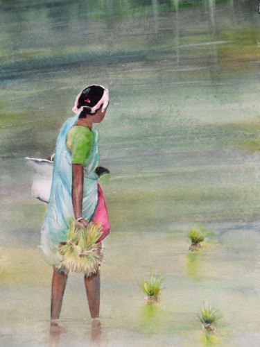 Peinture intitulée "reflets dans la riz…" par Françoise Pillou, Œuvre d'art originale, Aquarelle
