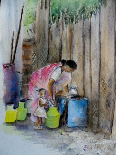 Peinture intitulée "Inde - avec maman" par Françoise Pillou, Œuvre d'art originale, Aquarelle