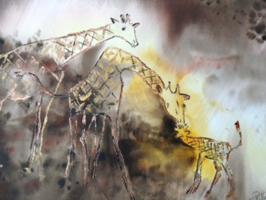 Schilderij getiteld "La famille girafe" door Françoise Pillou, Origineel Kunstwerk, Aquarel