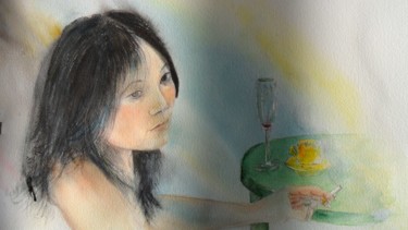 Painting titled "au bistrot" by Françoise Pillou, Original Artwork, Watercolor