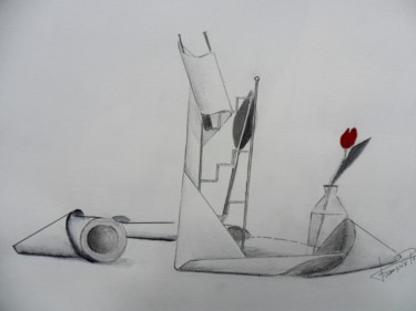 Dessin intitulée "La tulipe rouge" par Françoise Pillou, Œuvre d'art originale, Encre