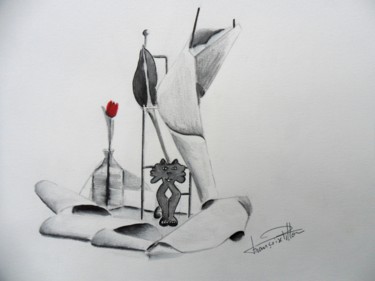Le chat et la tulipe Dessin intitulée "Le chat et la tulipe" par Françoise Pillou, Œuvre d'art originale, Encre