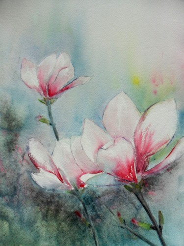 Painting titled "et-magnolia.jpg" by Françoise Pillou, Original Artwork, Watercolor