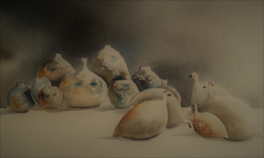 Peinture intitulée "jarres-et-pintades-…" par Françoise Pillou, Œuvre d'art originale, Aquarelle