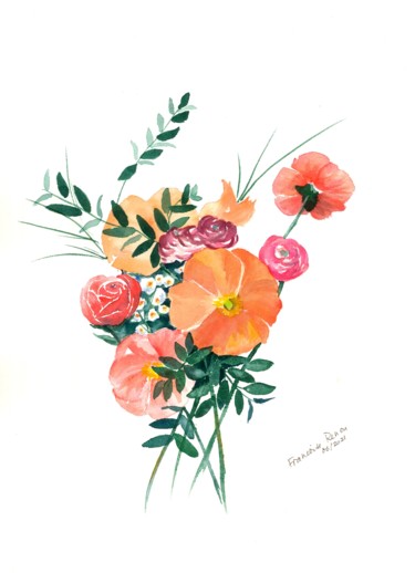 Peinture intitulée "Bouquet orangé" par Françoise Renou, Œuvre d'art originale, Aquarelle