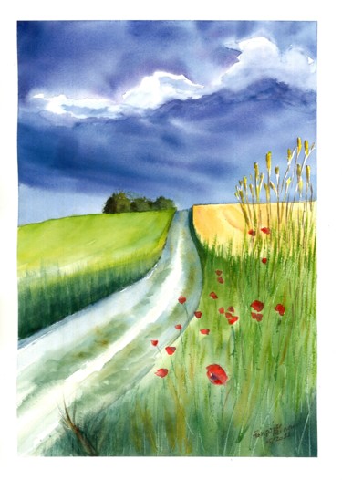 Painting titled "Champs de blé sous…" by Françoise Renou, Original Artwork, Watercolor