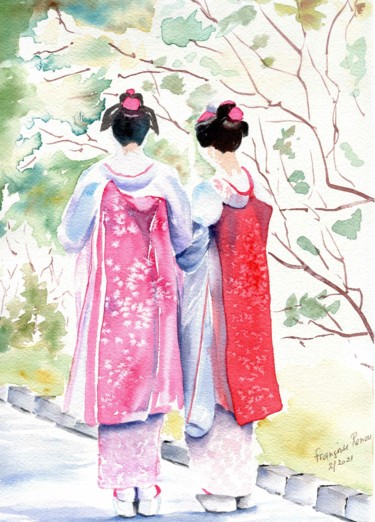 Painting titled "Discussion tranquil…" by Françoise Renou, Original Artwork, Watercolor