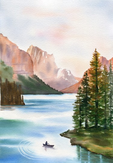 Painting titled "Seul sur un lac au…" by Françoise Renou, Original Artwork, Watercolor