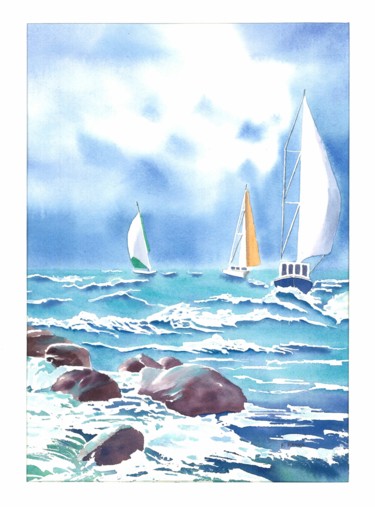 Painting titled "Régate" by Françoise Renou, Original Artwork, Watercolor