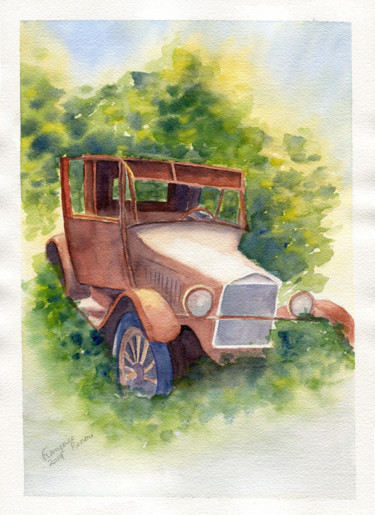 Painting titled "Voiture hors service" by Françoise Renou, Original Artwork, Watercolor