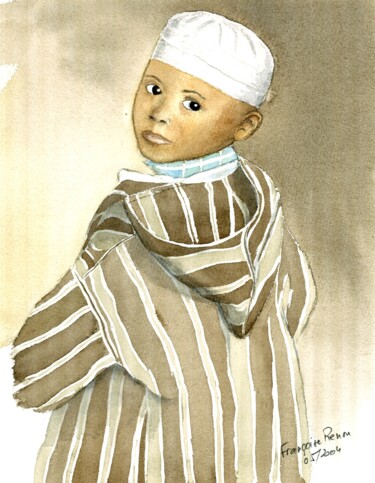 Painting titled "Jeune Marocain" by Françoise Renou, Original Artwork, Watercolor