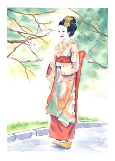 Schilderij getiteld "Japonaise en habit…" door Françoise Renou, Origineel Kunstwerk, Aquarel