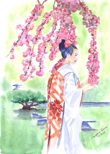 Schilderij getiteld "Jeune femme japonai…" door Françoise Renou, Origineel Kunstwerk, Aquarel