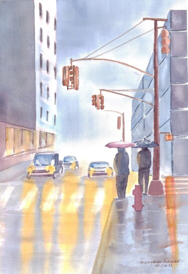 Painting titled "Scène de rue la nuit" by Françoise Renou, Original Artwork, Watercolor