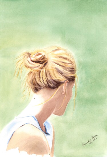 Malerei mit dem Titel "Femme au chignon" von Françoise Renou, Original-Kunstwerk, Aquarell