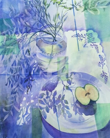 Peinture intitulée "Bleu de pomme" par Françoise Tolbiac, Œuvre d'art originale, Aquarelle Monté sur Panneau de bois