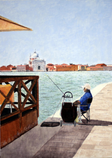 Pittura intitolato "pesca-ai-saloni" da Franco Zanella, Opera d'arte originale, Olio