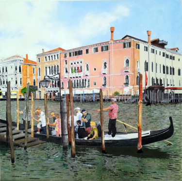 Painting titled "traghetto a S.Sofia" by Franco Zanella, Original Artwork, Oil Mounted on Wood Panel
