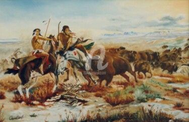 Peinture intitulée "La chasse aux bisons" par Frank Chevallier, Œuvre d'art originale