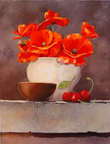 Painting titled "Coquelicots aliment…" by Frank Chevallier, Original Artwork