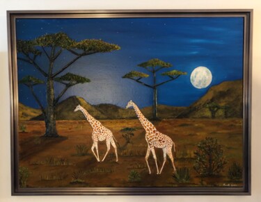 Painting titled "Girafes au clair de…" by Frank Guillard, Original Artwork, Oil Mounted on Other rigid panel