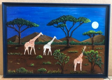 Malerei mit dem Titel "Girafes au clair de…" von Frank Guillard, Original-Kunstwerk, Öl