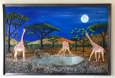 Painting titled "Girafes au clair de…" by Frank Guillard, Original Artwork, Oil