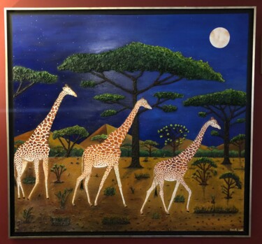 Peinture intitulée "Girafes au clair de…" par Frank Guillard, Œuvre d'art originale, Huile