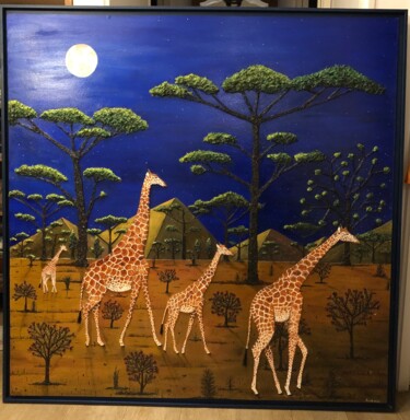Malerei mit dem Titel "Girafes au clair de…" von Frank Guillard, Original-Kunstwerk, Öl