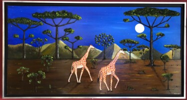 제목이 "Girafes au clair de…"인 미술작품 Frank Guillard로, 원작, 기름 목재 패널에 장착됨