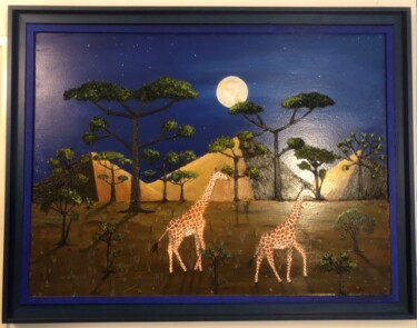 Картина под названием "Girafes au clair de…" - Frank Guillard, Подлинное произведение искусства, Масло