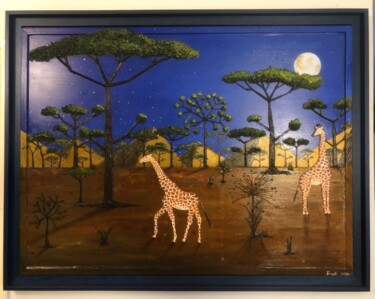 Painting titled "Girafes au clair de…" by Frank Guillard, Original Artwork, Oil Mounted on Wood Stretcher frame