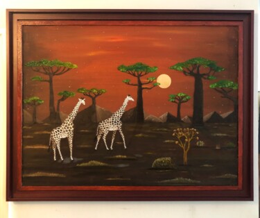 Peinture intitulée "Girafes et lune rou…" par Frank Guillard, Œuvre d'art originale, Huile Monté sur Châssis en bois