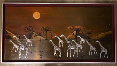 Painting titled "Girafes sous lune r…" by Frank Guillard, Original Artwork, Oil Mounted on Wood Stretcher frame